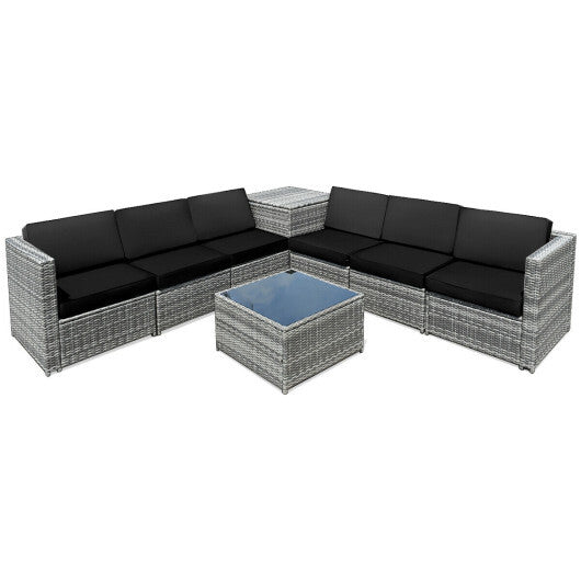 8 Piece Wicker Sofa Rattan Dinning Set Patio Furniture with Storage Table-Black - Color: Black