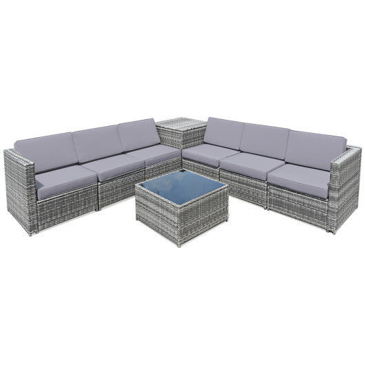 8 Pieces Wicker Sofa Rattan Dining Set Patio Furniture with Storage Table-Gray - Color: Gray