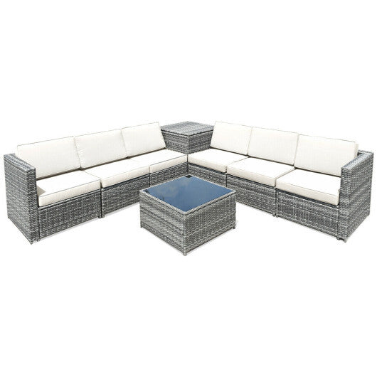 8 Piece Wicker Sofa Rattan Dinning Set Patio Furniture with Storage Table-White - Color: White
