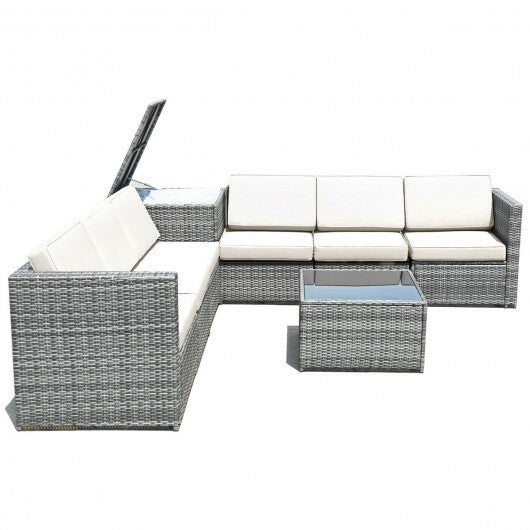 8 Pieces Wicker Sofa Rattan Dining Set Patio Furniture with Storage Table-Gray