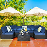 7-Piece Outdoor Sectional Wicker Patio Sofa Set with Tempered Glass Top-Navy - Color: Navy