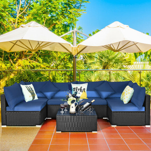 7-Piece Outdoor Sectional Wicker Patio Sofa Set with Tempered Glass Top-Navy - Color: Navy