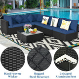 7-Piece Outdoor Sectional Wicker Patio Sofa Set with Tempered Glass Top-Navy - Color: Navy