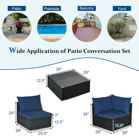 7-Piece Outdoor Sectional Wicker Patio Sofa Set with Tempered Glass Top-Navy - Color: Navy