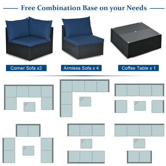 7-Piece Outdoor Sectional Wicker Patio Sofa Set with Tempered Glass Top-Navy - Color: Navy
