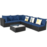 7-Piece Outdoor Sectional Wicker Patio Sofa Set with Tempered Glass Top-Navy - Color: Navy