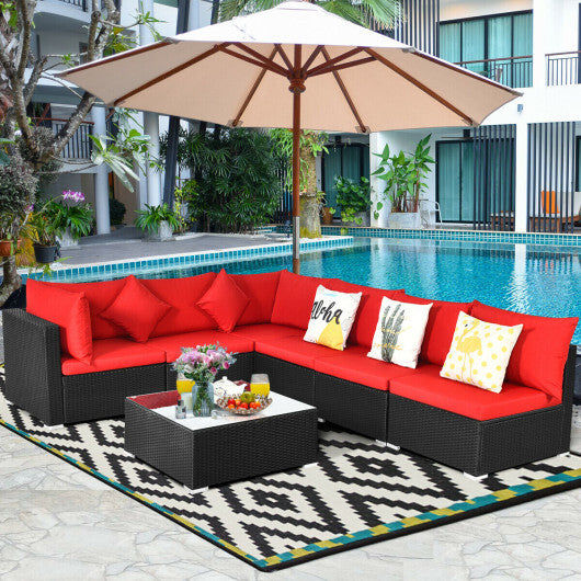7 Pieces Sectional Wicker Furniture Sofa Set with Tempered Glass Top-Red - Color: Red