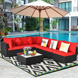 7 Pieces Sectional Wicker Furniture Sofa Set with Tempered Glass Top-Red - Color: Red