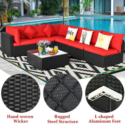 7 Pieces Sectional Wicker Furniture Sofa Set with Tempered Glass Top-Red - Color: Red