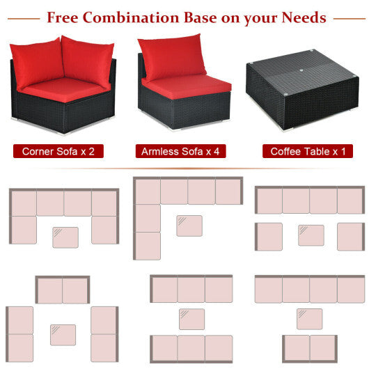 7 Pieces Sectional Wicker Furniture Sofa Set with Tempered Glass Top-Red - Color: Red