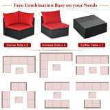 7 Pieces Sectional Wicker Furniture Sofa Set with Tempered Glass Top-Red - Color: Red