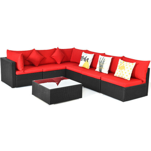 7 Pieces Sectional Wicker Furniture Sofa Set with Tempered Glass Top-Red - Color: Red