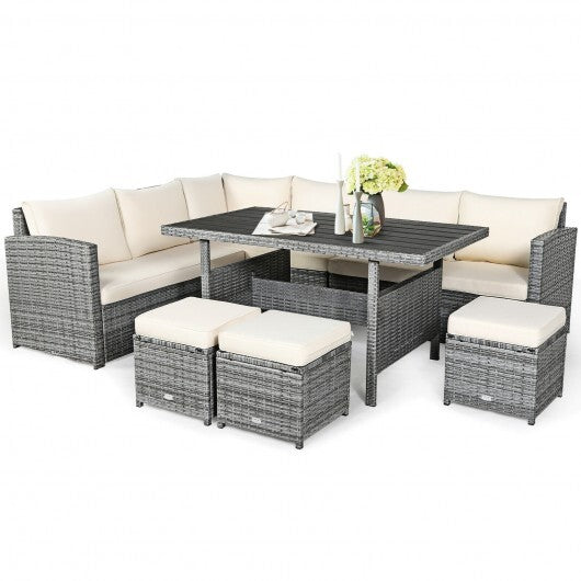 7 Pieces Patio Rattan Dining Furniture Sectional Sofa Set with Wicker Ottoman-Beige - Color: Beige