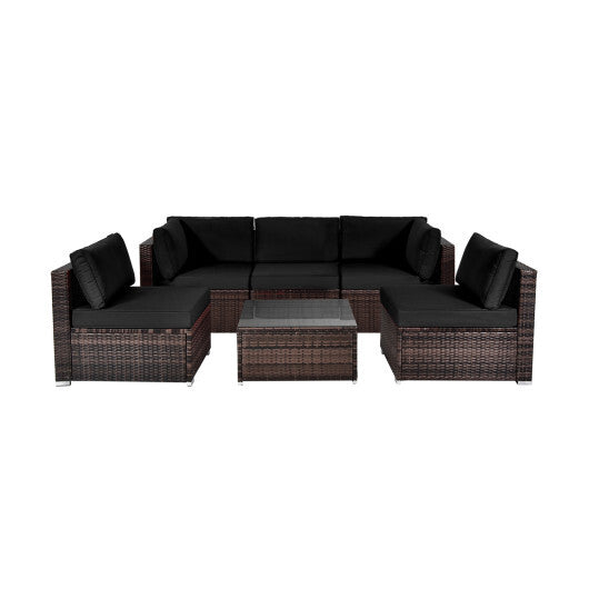 6 Pieces Patio Rattan Furniture Set with Cushions and Glass Coffee Table-Black - Color: Black