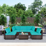 6 Pieces Patio Rattan Furniture Set with Cushions and Glass Coffee Table-Turquoise - Color: Turquoise