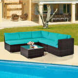 6 Pieces Patio Rattan Furniture Set with Cushions and Glass Coffee Table-Turquoise - Color: Turquoise
