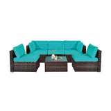 6 Pieces Patio Rattan Furniture Set with Cushions and Glass Coffee Table-Turquoise - Color: Turquoise
