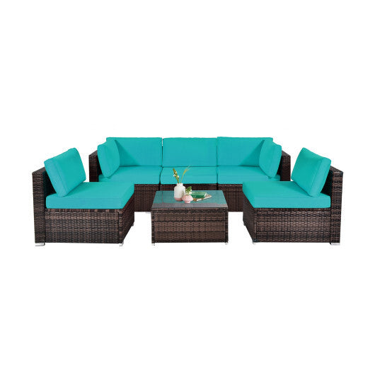 6 Pieces Patio Rattan Furniture Set with Cushions and Glass Coffee Table-Turquoise - Color: Turquoise
