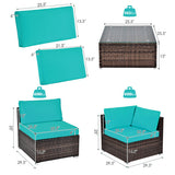 6 Pieces Patio Rattan Furniture Set with Cushions and Glass Coffee Table-Turquoise - Color: Turquoise