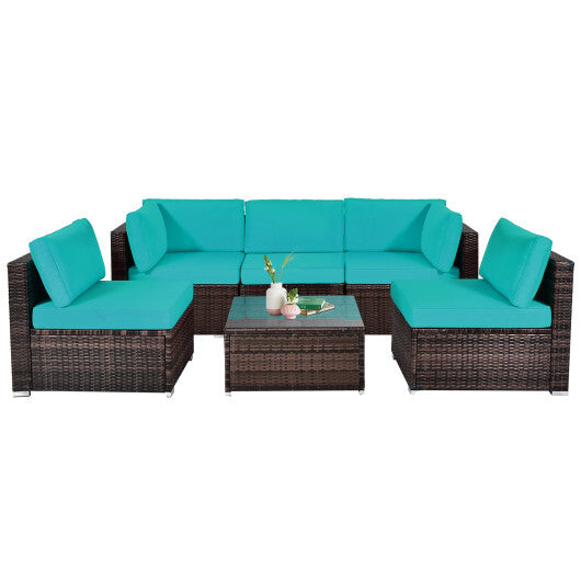 6 Pieces Patio Rattan Furniture Set with Cushions and Glass Coffee Table-Turquoise - Color: Turquoise