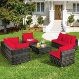 7 Pieces Patio Rattan Furniture Set Sectional Sofa Garden Cushion-Red - Color: Red