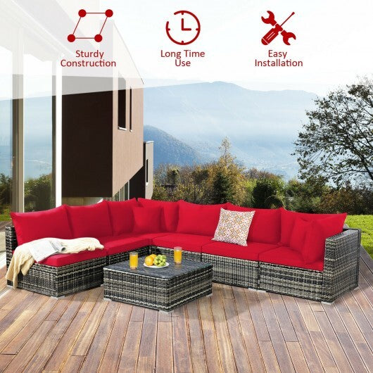7 Pieces Patio Rattan Furniture Set Sectional Sofa Garden Cushion-Red - Color: Red