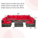 7 Pieces Patio Rattan Furniture Set Sectional Sofa Garden Cushion-Red - Color: Red