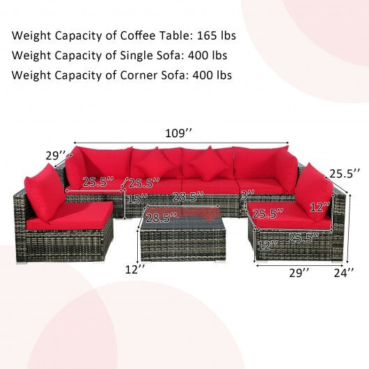 7 Pieces Patio Rattan Furniture Set Sectional Sofa Garden Cushion-Red - Color: Red