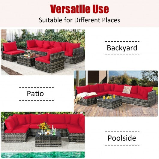 7 Pieces Patio Rattan Furniture Set Sectional Sofa Garden Cushion-Red - Color: Red