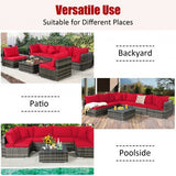 7 Pieces Patio Rattan Furniture Set Sectional Sofa Garden Cushion-Red - Color: Red