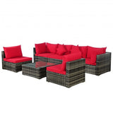 7 Pieces Patio Rattan Furniture Set Sectional Sofa Garden Cushion-Red - Color: Red