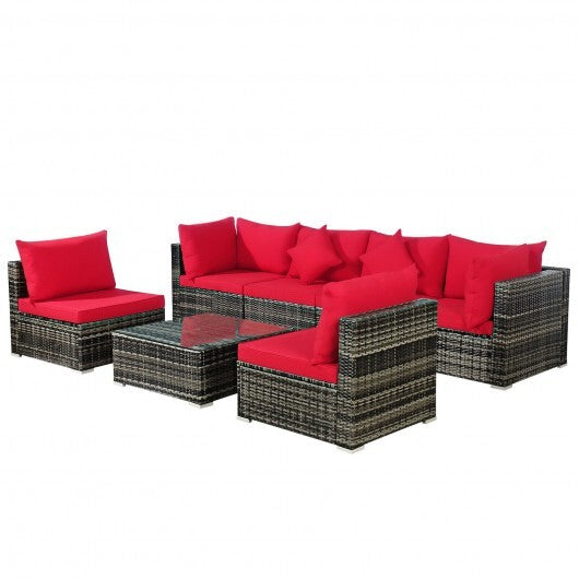 7 Pieces Patio Rattan Furniture Set Sectional Sofa Garden Cushion-Red - Color: Red