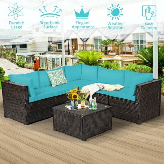 6 Pieces Patio Furniture Sofa Set with Cushions for Outdoor-Turquoise - Color: Turquoise
