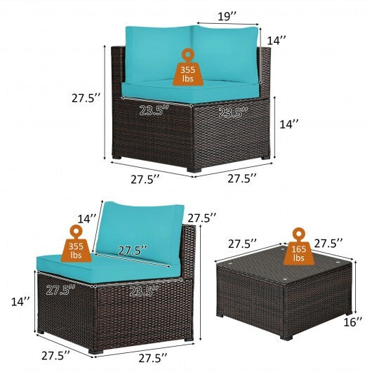 6 Pieces Patio Furniture Sofa Set with Cushions for Outdoor-Turquoise - Color: Turquoise