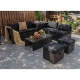 8 Pieces Patio Space-Saving Rattan Furniture Set with Storage Box and Waterproof Cover-Black - Color: Black