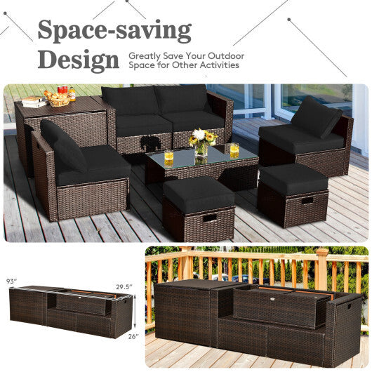 8 Pieces Patio Space-Saving Rattan Furniture Set with Storage Box and Waterproof Cover-Black - Color: Black