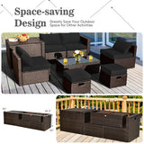 8 Pieces Patio Space-Saving Rattan Furniture Set with Storage Box and Waterproof Cover-Black - Color: Black