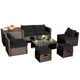 8 Pieces Patio Space-Saving Rattan Furniture Set with Storage Box and Waterproof Cover-Black - Color: Black