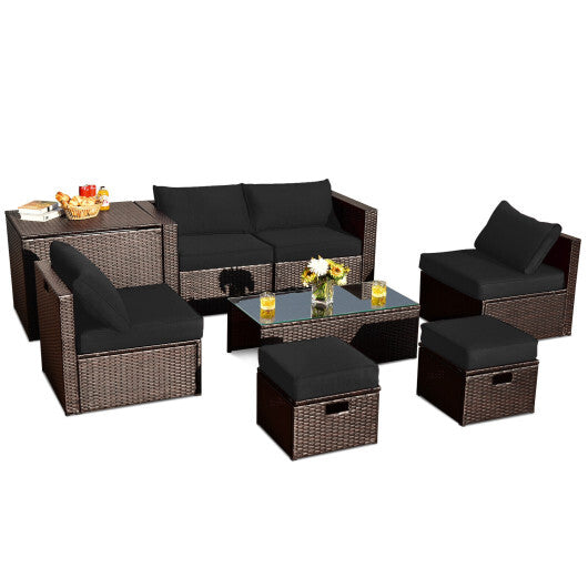 8 Pieces Patio Space-Saving Rattan Furniture Set with Storage Box and Waterproof Cover-Black - Color: Black
