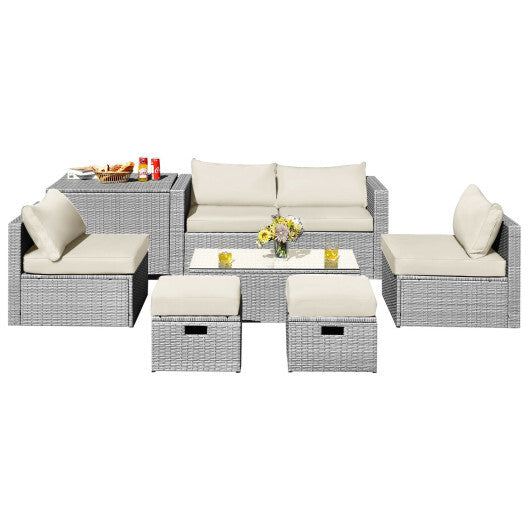 8 Pieces Patio Rattan Furniture Set with Storage Waterproof Cover and Cushion-Off White - Color: Off White