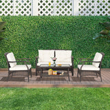 4 Pieces Outdoor Rattan Conversation Set with Protective Cover - Color: Espresso