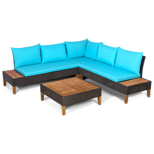 4 Pieces Patio Cushioned Rattan Furniture Set with Wooden Side Table-Turquoise - Color: Turquoise
