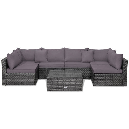 7 Pieces Patio Rattan Furniture Set Sectional Sofa Garden Cushion-Gray - Color: Gray