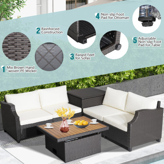 7 Pieces Hand-Woven Wicker Outdoor Furniture Set with Acacia Wood Coffee Table-White - Color: White
