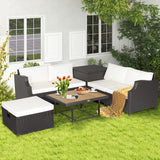 7 Pieces Hand-Woven Wicker Outdoor Furniture Set with Acacia Wood Coffee Table-White - Color: White