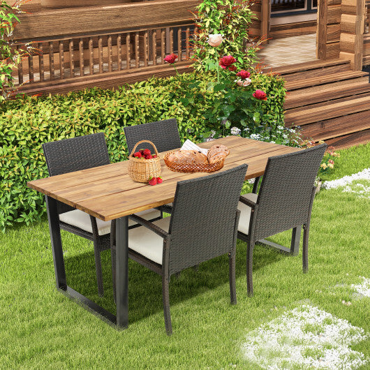 5 Pieces Patio Rattan Dining Set with Umbrella Hole and Seat Cushions - Color: Multicolor