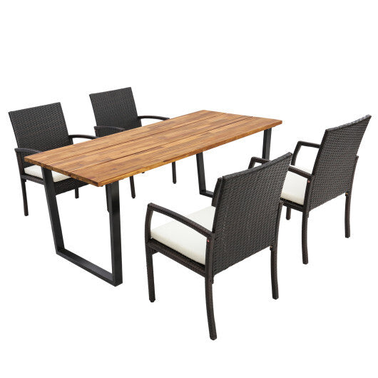 5 Pieces Patio Rattan Dining Set with Umbrella Hole and Seat Cushions - Color: Multicolor