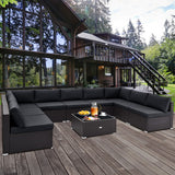 10 Piece Outdoor Wicker Conversation Set with Seat and Back Cushions-Navy