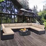 10 Piece Outdoor Wicker Conversation Set with Seat and Back Cushions-Navy