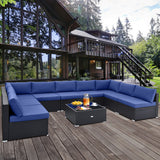 10 Piece Outdoor Wicker Conversation Set with Seat and Back Cushions-Navy - Color: Navy